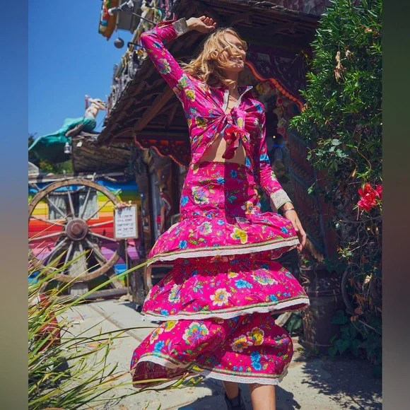 NWT PITUSA boho Floral Tiered Maxi skirt and shirt. Cotton size 4 - Picture 2 of 9